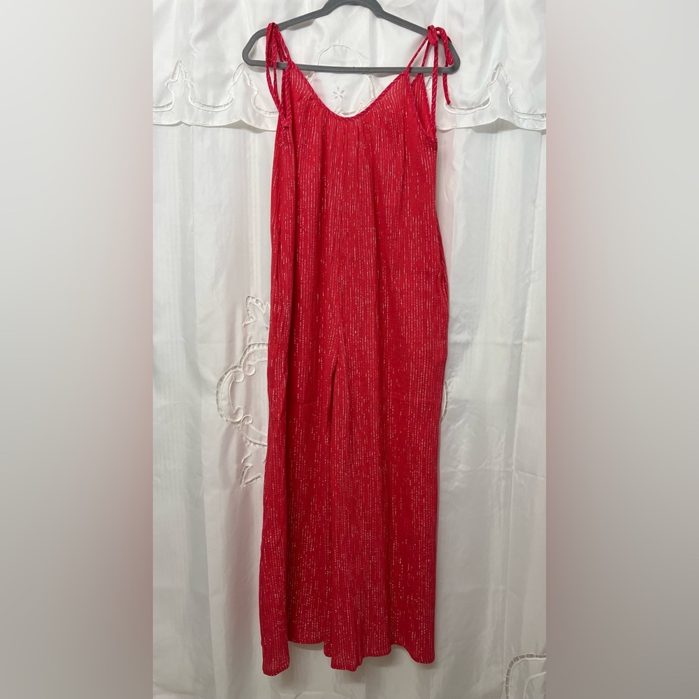 Suzie Kondi Red Metallic Stripe Tie Shoulder Wide Leg Jumpsuit XS